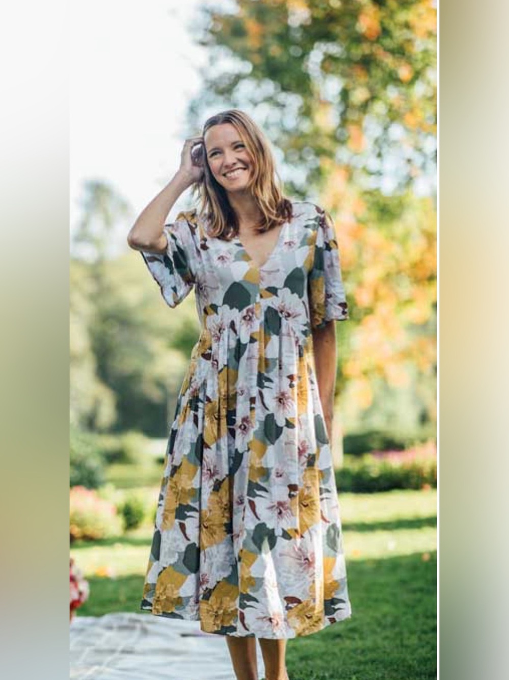 Papillon Flowy Floral V-Neck Midi Dress in Mustard & Green, Flutter Sleeves in M